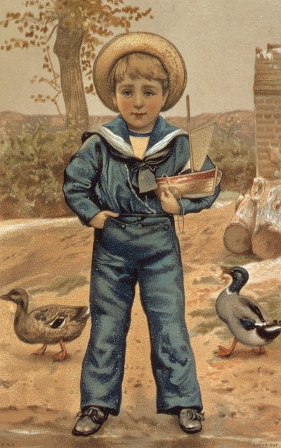 Matrosenjunge mit einem Boot, viktorianische Karte von English School